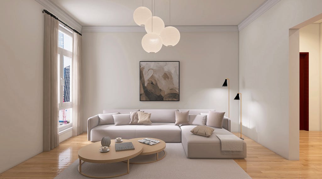 Elegant minimalist living room with neutral colors and modern decor.